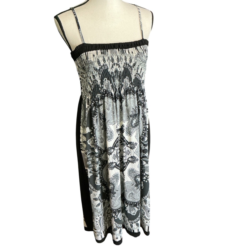 India Boutique Black Paisley Smocked Midi Dress Womens Size Large Boho Spaghetti
